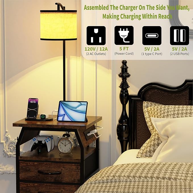 Floor Lamp with Table Set of 2, End Tables with Lamps Attached 3-Color Temperature Bulb, Side Table with Lamp with 3 Drawers & Charging, Lamps Tables Combo for Bedroom, Dorm - Rustic Brown