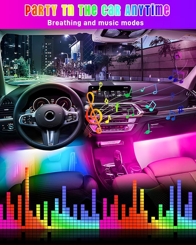5.9FT Car LED Strip Lights, 72LEDs Smart RGB Car Interior Lights with APP & Remote Dual Control, Multicolor Music Sync and Mic Mode 4-in-1 Lines Design LED Lights for Car Decor