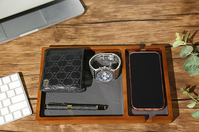 Shinpuru Wooden Valet Tray for Men, Nightstand Organizer with Leather Inlay, EDC Essentials Catchall Tray for Keys, Phone, Wallet, Watch, Earbuds - Bedside Desk Entryway Tray (Wood-Phone)