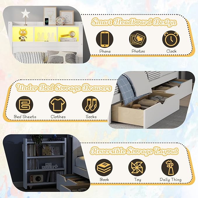 Kids Twin Bed Frame with Drawers & Storage Headboard, Solid Wood Platform Bed with Pull-Out Cabinet, Built-in LED Light & Charging Station, No Box Spring Needed, White