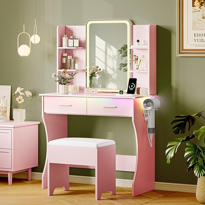 Makeup Vanity Desk with Mirror & Lights, Small Vanity Table Set for Girls with Chair & Power Outlet, Modern Dressing Table with 2 Drawers & 4 Storage Shelves, Adjustable RGB Lighting - Pink