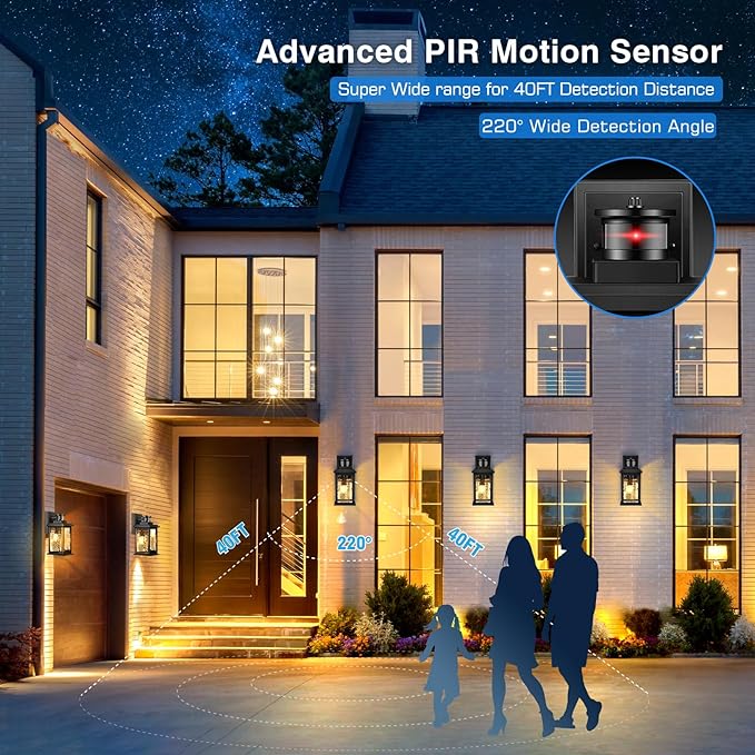 VIANIS Porch Lights Outdoor with Motion Sensor, Dusk to Dawn Outdoor Wall Lights Lantern, Anti-Rust Matte Black Outside Light Fixture Sconce for House, Patio, Garage, Waterproof