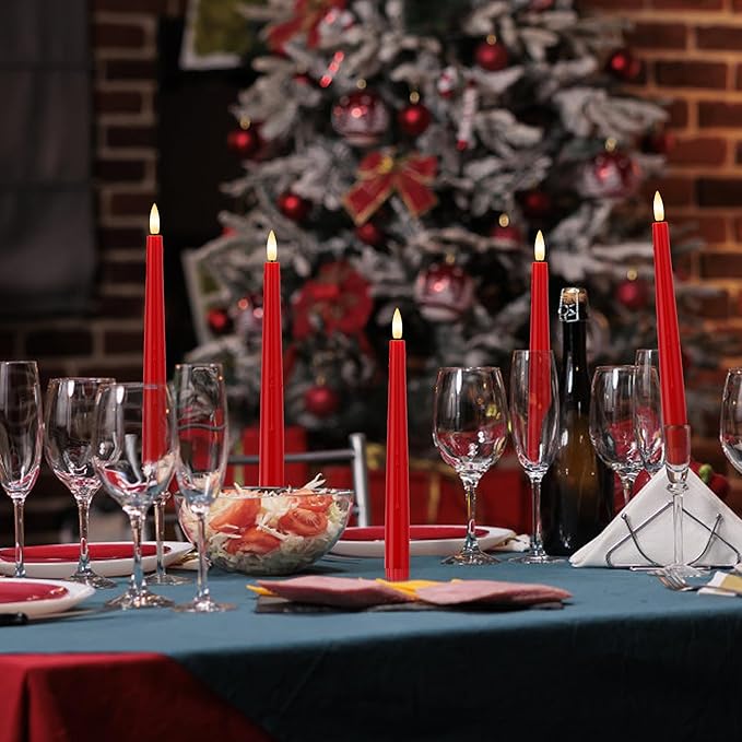Bright Red Flameless Taper Candles 9.6" Christmas LED Candles Real Wax with Remote Timer, Battery Operated LED Candles Set with 3D Flickering Flame, Dripless Candlesticks for Home, Party, 6 Pack
