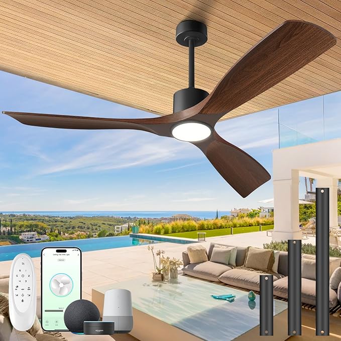 52" Smart Ceiling Fan with Lights,Outdoor Ceiling Fan Compatible with Alexa/Google/App/Remote,3-Color Light 6-Speed Quiet Reversible DC Motor for Patio Bedroom Living Room,Dark Walnut