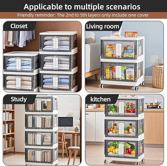 Folding Storage Organizer with Silent casters | Stackable Design for Home & Office, Heavy-Duty Plastic Storage Bin with Clear Door, 3 Sizes (19.5/23.5/27.5in),Black/White (19.7" 1 layer, White)