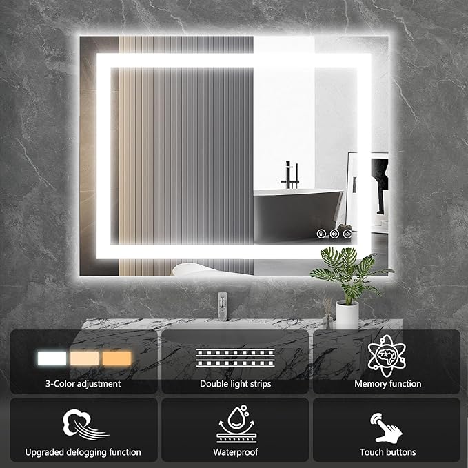 Sweetcrispy 24"x36" Smart Anti-Fog LED Bathroom Mirror with Lights and Front Light & Backlit, 3 Color Temperatures, Dimmable, Memory Function, Rectangle Modern Vanity Mirror