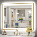 44x36 Gold LED Bathroom Mirror with Lights, Brushed Gold Framed Backlit and Front Lit Anti-Fog Lighted Vanity Mirrors for Bathroom Wall, Dimmable, 3 Colors, Memory, HD Tempered Glass, CRI＞90