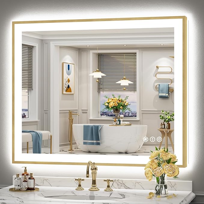 44x36 Gold LED Bathroom Mirror with Lights, Brushed Gold Framed Backlit and Front Lit Anti-Fog Lighted Vanity Mirrors for Bathroom Wall, Dimmable, 3 Colors, Memory, HD Tempered Glass, CRI＞90