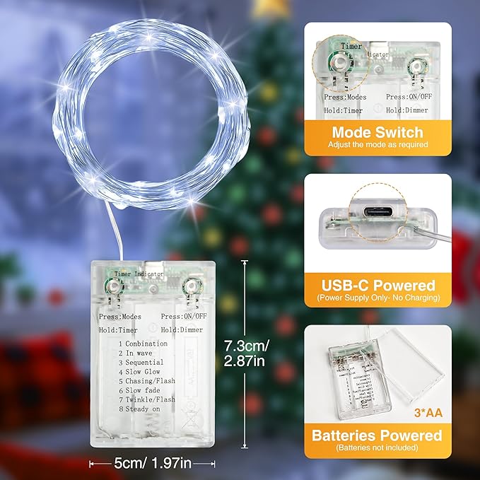 16FT 50 LED Fairy Lights Battery Operated with Timer, 8 Modes USB Mini Twinkle Light, Small String Lights for Christmas Tree Wreath Vase Bedroom DIY Wedding Party Decorations-Cold White