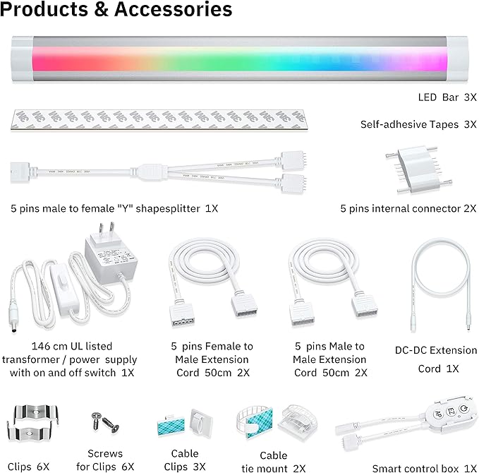 RGB Under Cabinet Lighting Strips Plug in LED Closet Light with Alexa,Google Home,Smart APP,Remote Control,12V Under Counter Light Fixtures Dimmable for Kitchen,Shelf,Linkable Light Bars,3pcs