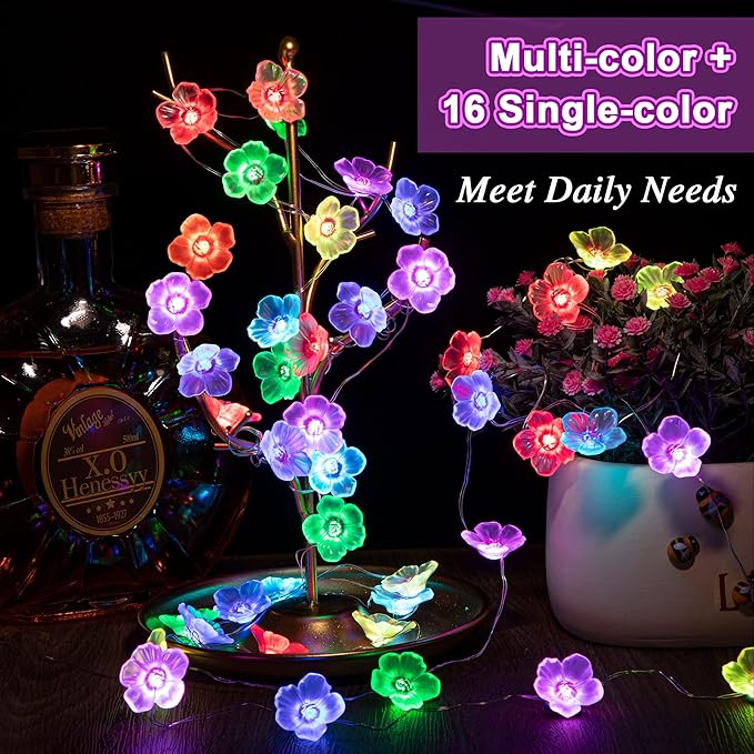 Mudder 16 Colors Cherry Blossom Decor Flower String Lights, Fairy Pink Light String with Timer 13 ft 40 LEDs USB Battery Operated Fairy Lights for Bedroom Indoor Outdoor Wedding Valentines Day(2 Pcs)