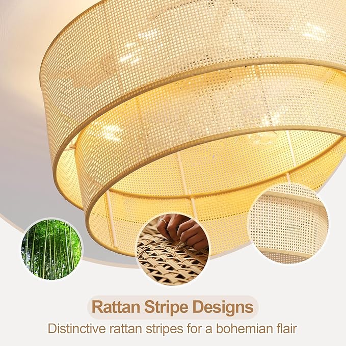 20 Inch Boho Caged Ceiling Fans with Lights Flush Mount, Rattan Ceiling Fan with Light Remote Control with Reversible 6 Speeds for Bedroom, Nursery, Living Room, E26, Base, Indoor