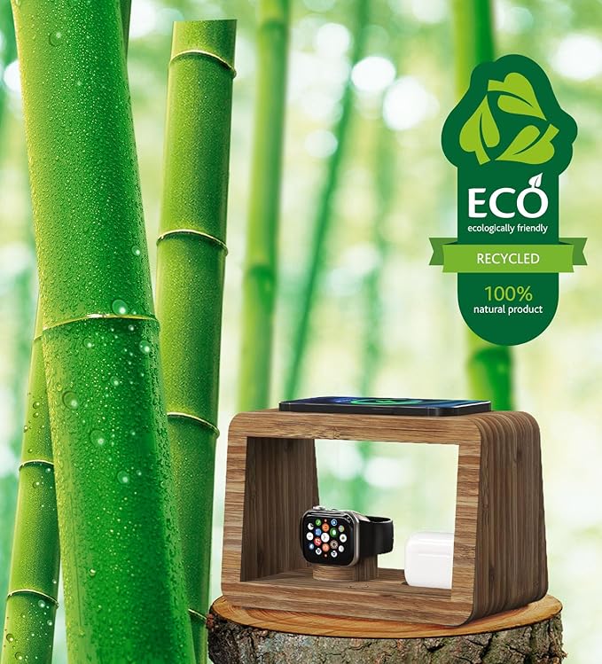 Bamboo Charging Station for Multiple Devices, 15W Fast Wireless Charger Night Light with 3 Color& 4 Adjustable Brightness, Night Stand Charger Station for iPhone/iWatch/AirPods (6953)