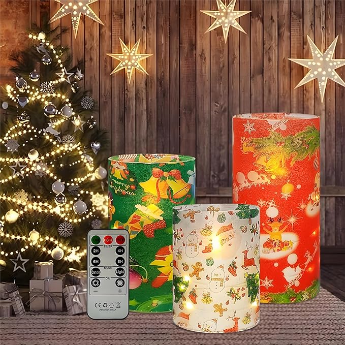 Floral Flameless Candles with String Lights - 3pcs Battery Operated Candle Flickering Christmas LED Pillar Candles with Timer Remote for Home Decor Romantic Ambiance,CH