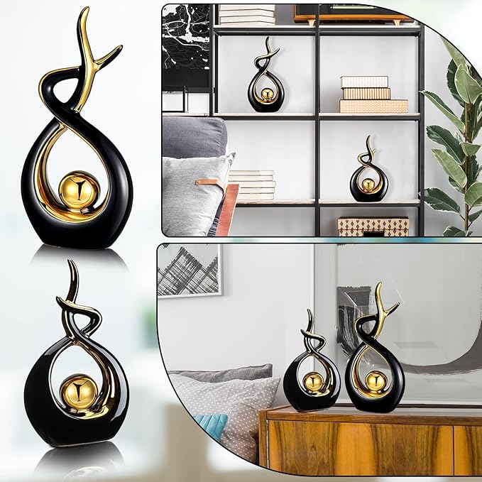 Gerrii 2 Pcs Modern Room Ceramic Decor Center Pieces Table Decorations Ceramic Statue Coffee Table Decor Centerpiece for Home Office Coffee Living Room, 2 Size(Black, Gold)