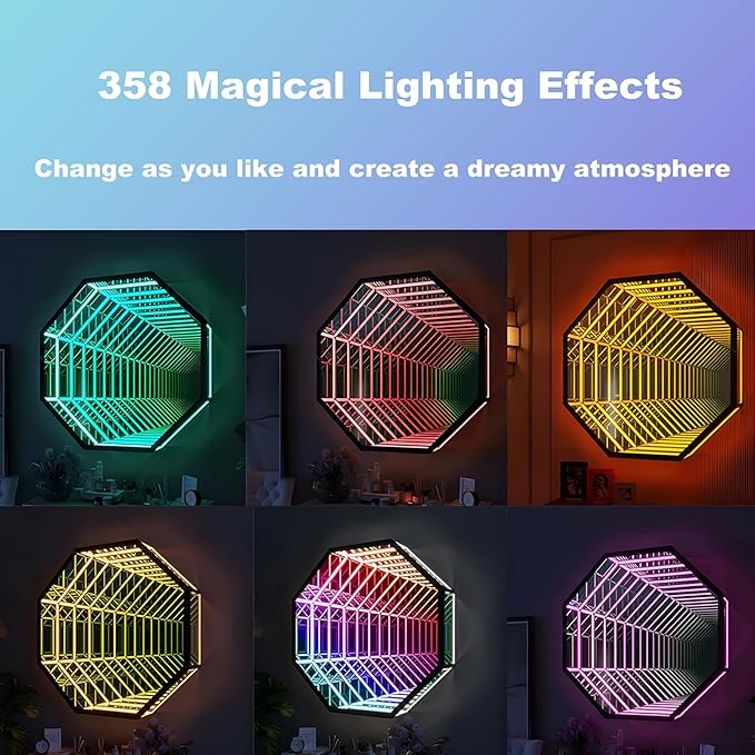 3D Infinity Mirror Light, 19.7" Octagon LED Tunnel Wall Light with 358 LEDs, App & Remote RGB Color Changing Mirror for Gaming Room Decor, Party, Bar, Geometric Art Deco Wall Mounted