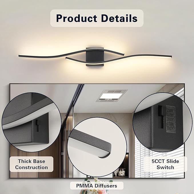 Joossnwell Bathroom Light Fixture Over Mirror 39.37 Inch Vanity Lights Bar for Bathroom Dimmable 5CCT Modern Vanity Light Black Led Bath Light Wall Lamp