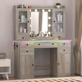 Vanity Desk with Mirror and Lights, 43" Grey Makeup Vanity Set with 5 Drawers & Glass Cabinets, Makeup Tray, Power Outlet & Adjustable LED Lights, Dressing Table for Women & Girls Bedroom