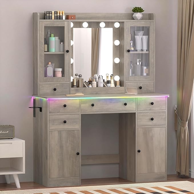 Vanity Desk with Mirror and Lights, 43" Grey Makeup Vanity Set with 5 Drawers & Glass Cabinets, Makeup Tray, Power Outlet & Adjustable LED Lights, Dressing Table for Women & Girls Bedroom