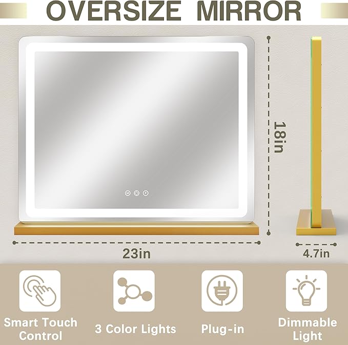 ROLOVE 23"x18" Gold Vanity Mirror with Lights, Large Lighted Makeup Mirror with 10X Magnifier, 3 Color Lighting & Stepless Dimming, Wall Mounted or Tabletop Desk Mirror for Bedroom