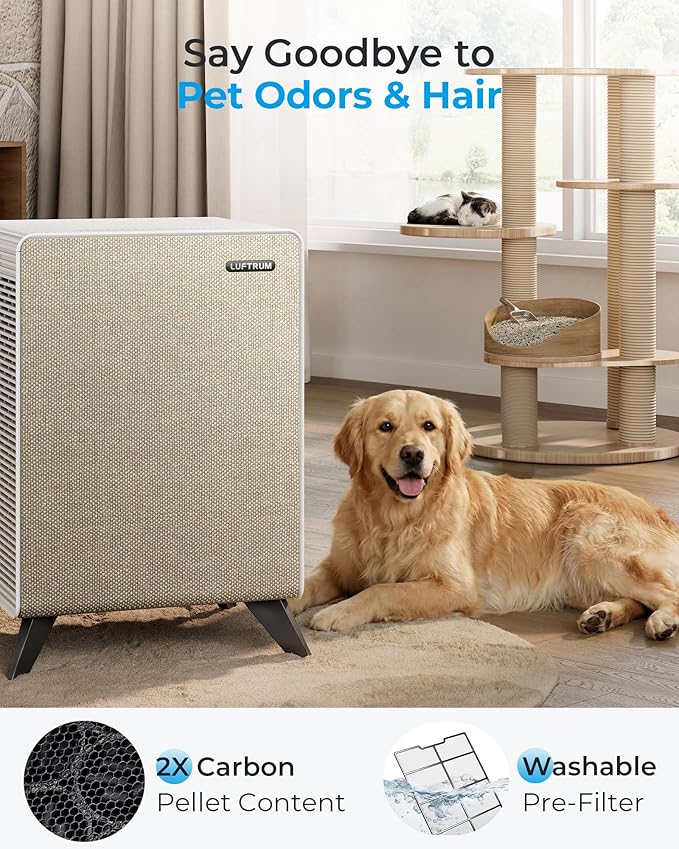 Air Purifiers for Home Large Room Up to 2250 ft² - Remove 99% of Smoke Allergies Pet Dander Odor - Dual 3-Stage Filter of Washable Filter and with AQI, Auto Mode, Sleep Mode, Beige, Large