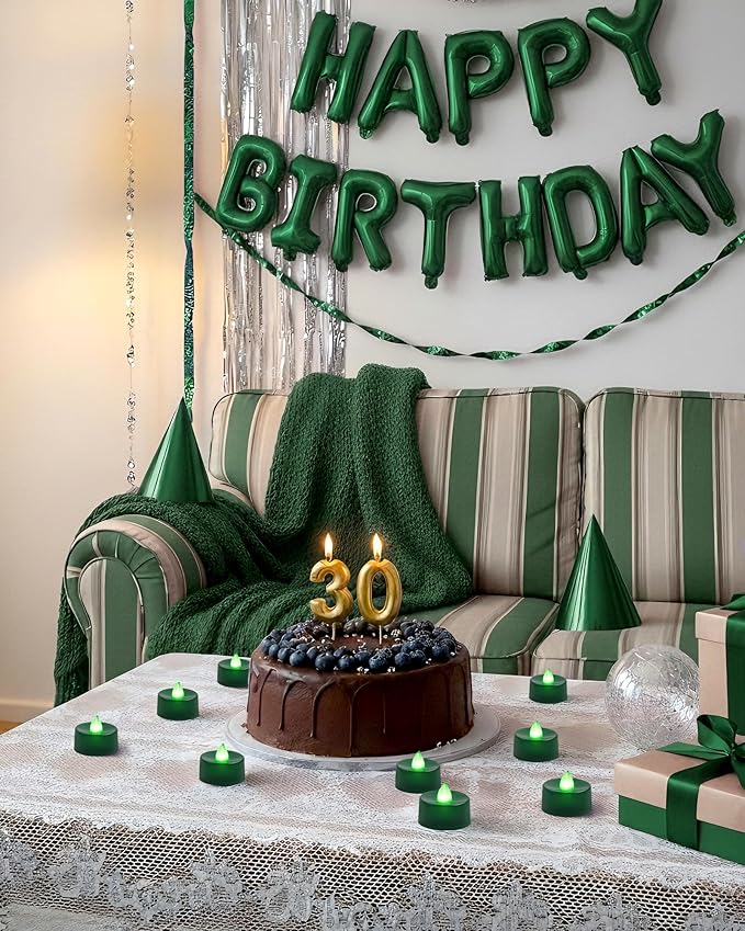 Amagic 30 Pcs Green Flickering Flameless Tea Lights Battery Operated, 200+ Hours Long Lasting Colored Candles for Party, St. Patrick, Table Centerpiece, Home Decor, Mardi Gras, Halloween, Christmas