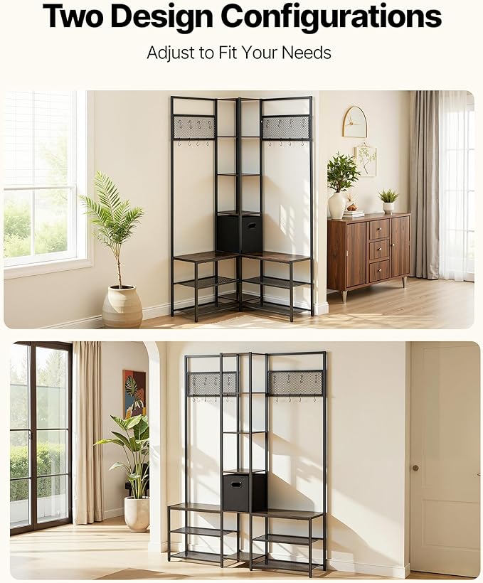 VEVOR Corner Hall Tree with Shoe Bench, 70.9 in Coat Rack with Hooks and Steel Frame, Freestanding Clothes Shoes Rack Storage Organizer with Anti-Tip Set, for Entrance, Closet, Office, Rustic Brown
