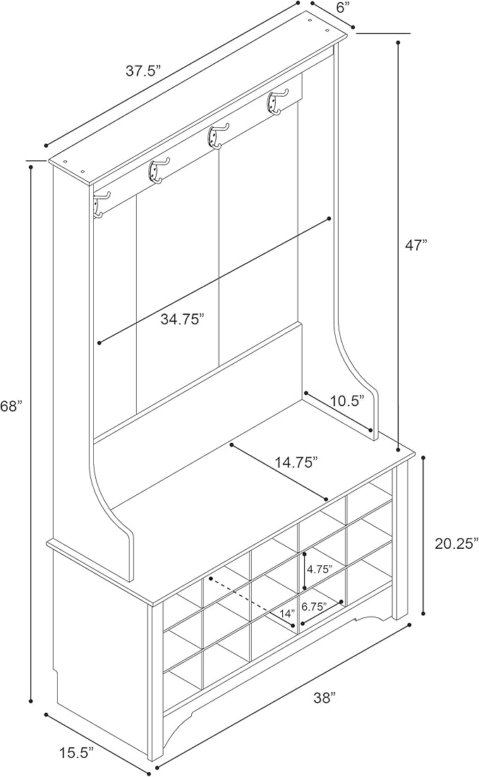 Prepac Entryway Organizer, Coat Rack, Hall Tree features 4 Hooks for Coat Storage, & Hanging Bags; Furniture for Entryway with Bench & 15 Cubbies for Shoe Storage, 38” W x 68” H x 15.5” D, White