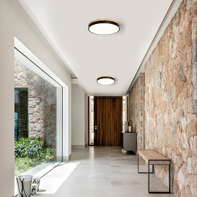 Round LED Flush Mount Ceiling Light, Modern Wood Ceiling Light, Minimalist Ceiling Lamp Black Ceiling Lighting Fixtures for Kitchen Bedroom Laundry Room Living Room Entryway Hallway&11.81 in