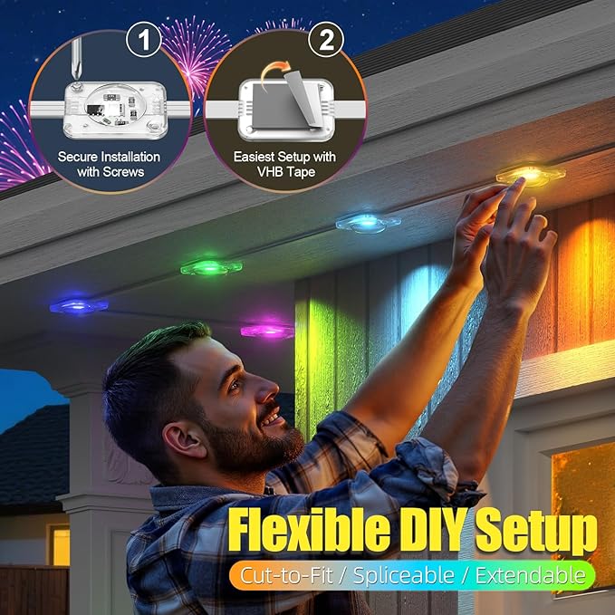Permanent Outdoor Lights, 50ft RGB+IC Smart LED Lights, IP67 Waterproof Smart Outdoor Decorations with App/Remote for Christmas, New Year, Halloween, Holiday, Daily, Party Decor,Valentine's Day