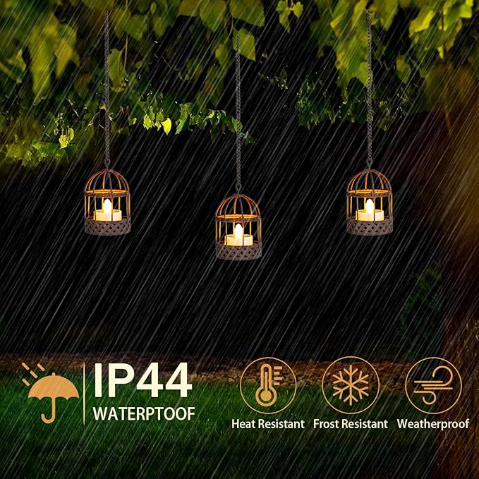Solar-Hanging-Lanterns-Outdoor-Waterproof, Rust Birdcage Style Candle Holders with Flickering Solar Tea Lights for Backyard Patio Garden Fence Tree Decoration (3 Pack)