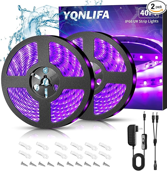 Waterproof 40Ft Black Light Strip, IP65 Black Light Fixtures Kit, 720 LED Strip with 12V Power Supply for Outdoor Indoor Halloween Glow Neon Party Resin Curing Display Cabinet Posters Boat