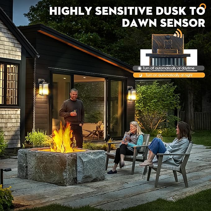 Outdoor Wall Light with Dusk to Dawn Sensor, Waterproof Exterior Light for House Porch and Garage, Black Brush Gold Metal Wall Sconce with Textured Glass
