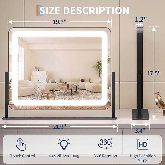 IDEALHOUSE Vanity Mirror with Lights, 20"x17" Lighted Makeup Mirror, LED Desk Mirorr with 360° Rotation, Dimmable 3 Modes, Smart Touch Control for Bedroom or Tabletop(Square,Black)