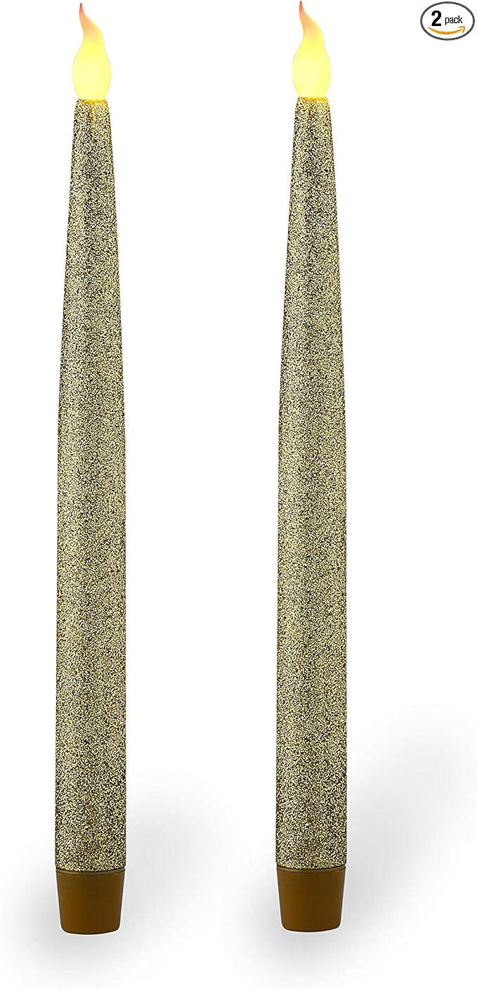 FURORA LIGHTING Gold Glitter LED Candles - Flickering Flameless Taper Candles with 6/18 Hour Timer, Battery Operated for Safety and Elegance, Pack of 2