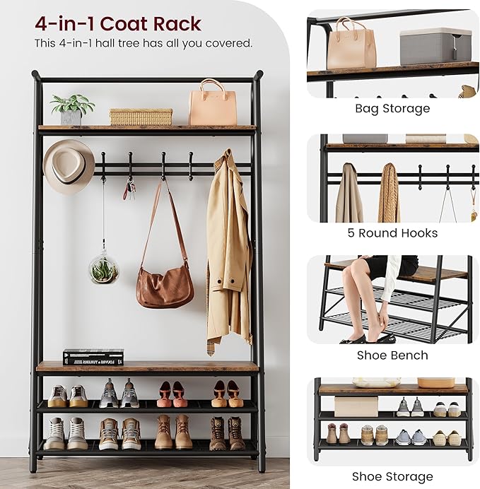 Coat Rack, Floorstanding Hall Tree with Shoe Rack, Wooden and Metal Coat Stand, Industrial Clothes Rack, for Hallway, Living Room, Bedroom, 39.4''x14''x72.5'', Rustic Brown