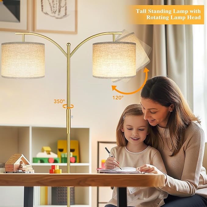 ROTTOGOON Dimmable Floor Lamp, Arc Floor Lamps for Living Room, Stepless Dimming Modern Standing Lamp with Linen Shade, Tall Lamp for Bedroom Office Dining Room- Brushed Gold