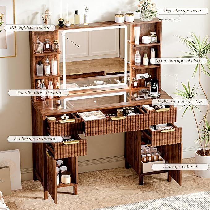 Vanity Desk with Large 27.2" Mirror and Lights 47.2" Fluted Makeup, 5 Drawer Vanity with Power Strip, 4 Open Shelves, 2 Cabinet, Modern Bedroom Vanity Featuring Visual Transparent Glass. Brown