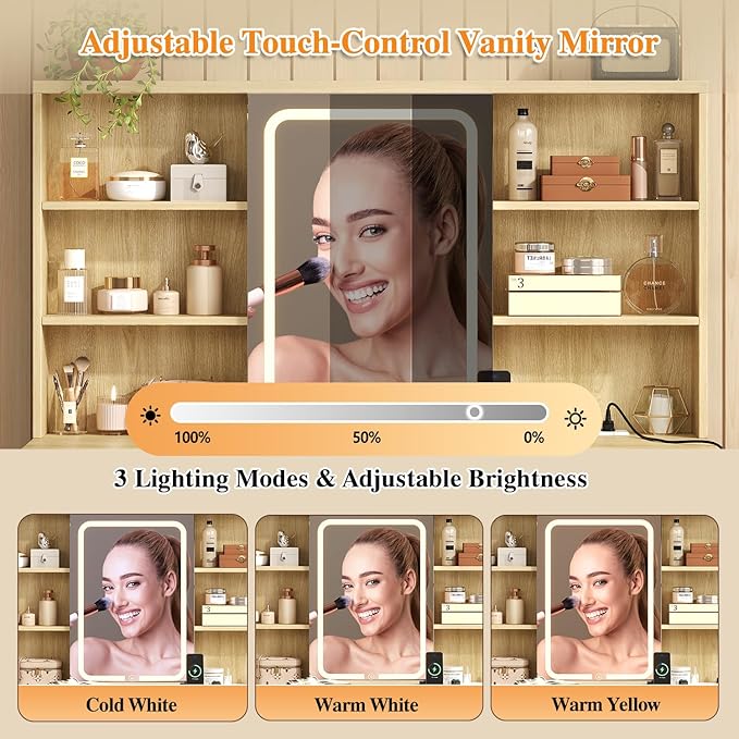 47'' W Large Vanity Desk with Mirror and Lights, 8 Storage Shelves 7 Drawers Vanity Table, Big Makeup Vanity Desk with 3 Lighting Modes, Vanity Dresser with Charging Station, Sliding Mirror (Natural)