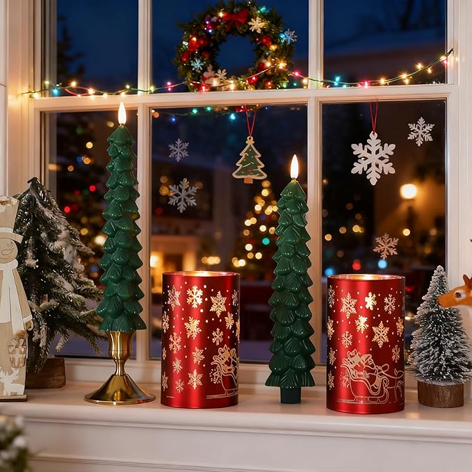 Lezonic Christmas Flameless Candles with Remote, Green Christmas Tree Flickering Battery Operated Window Candlesticks, Red Glass Xmas New Year Decorations Gifts, Set of 4 Real Wax LED Candles