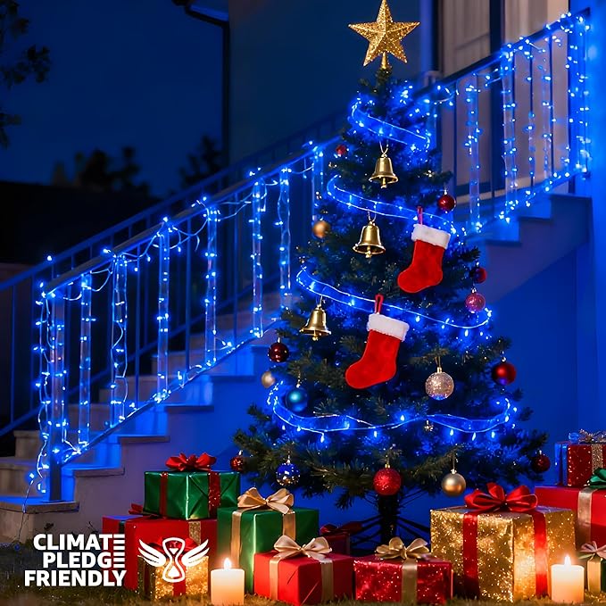 String Lights Indoor Bedroom, 33FT 100 LED Fairy String Lights Outdoor Waterproof, 8 Modes Memory Twinkle Christmas Light Plug in for Classroom Dorm Patio Tree Garden Decor (Blue)