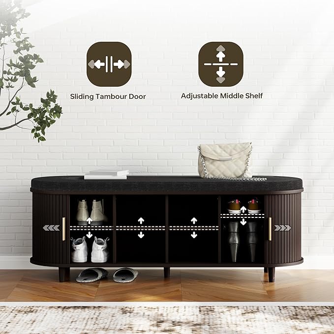 Entryway Bench with Storage: 51.2" Wooden Bedroom Shoe Bench with Thickened Padded Seat Cushion, Mid Century Modern Fluted Sliding Door and Adjustable Shelf, for Entryway, Living Room