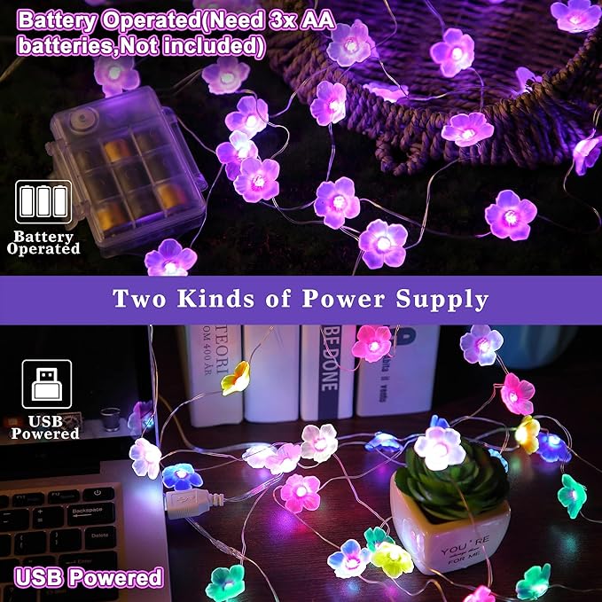 Mudder 16 Colors Cherry Blossom Decor Flower String Lights, Fairy Pink Light String with Timer 13 ft 40 LEDs USB Battery Operated Fairy Lights for Bedroom Indoor Outdoor Wedding Valentines Day(4 Pcs)