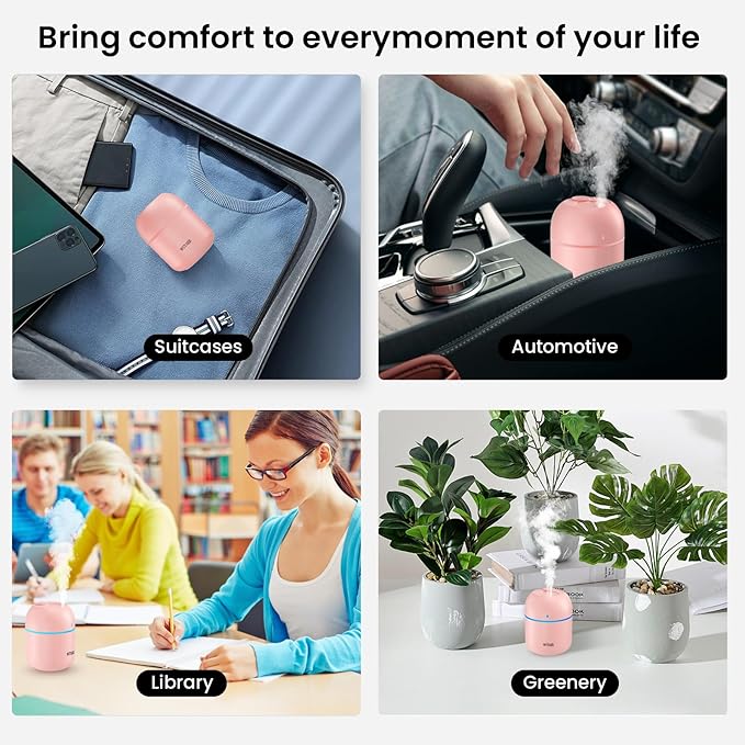 Portable Small Humidifier, WUTAER USB Personal Desktop Humidifier for Car, Office Room, Bedroom, Auto Shut-Off, 2 Mist Modes, Super Quiet(220ml, Pink)