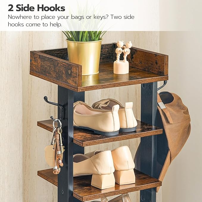 HOOBRO Vertical Shoe Rack for Front Door Entryway, 7 Tier Wooden Shoe Storage Organizer with Hooks, Narrow Shoe Tower for 7 Pairs, Space Saving, for Corner, Closet, Bedroom, Rustic Brown BF61XJ01