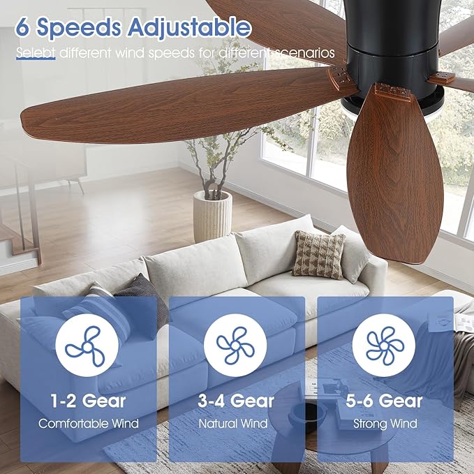 48" Ceiling Fans with Lights-Low Profile Ceiling Fan with Light and Remote/APP Control,Flush Mount,LED Dimmable Modern Ceiling Fans for Bedroom,Indoor/Outdoor Patio Use(Brown)