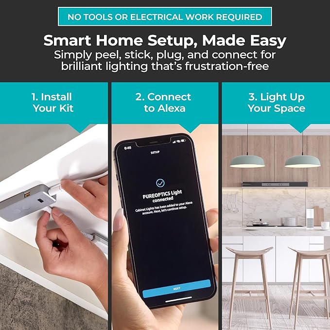 PureOptics LED Works with Alexa Smart Under Cabinet Lighting Kit, Adjustable LEDs, (6) 9" Bars, White