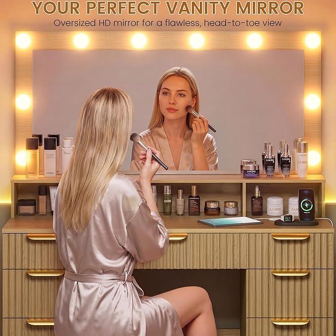 Fluted Vanity Desk with Large Lighted Mirror, Makeup Vanity Desk with Power Outlet, 9 Drawers & Storage Shelf, Women Girls Vanity Dressing Table for Bedroom, Oak