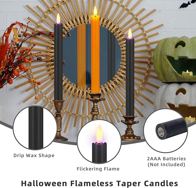 SHENSY Halloween Flameless Taper Candles –6Pack Orange and Black Real Wax LED Candlesticks with 3D Flickering Flame, Battery Operated with Remote & Timer – Spooky Window and Table Decor
