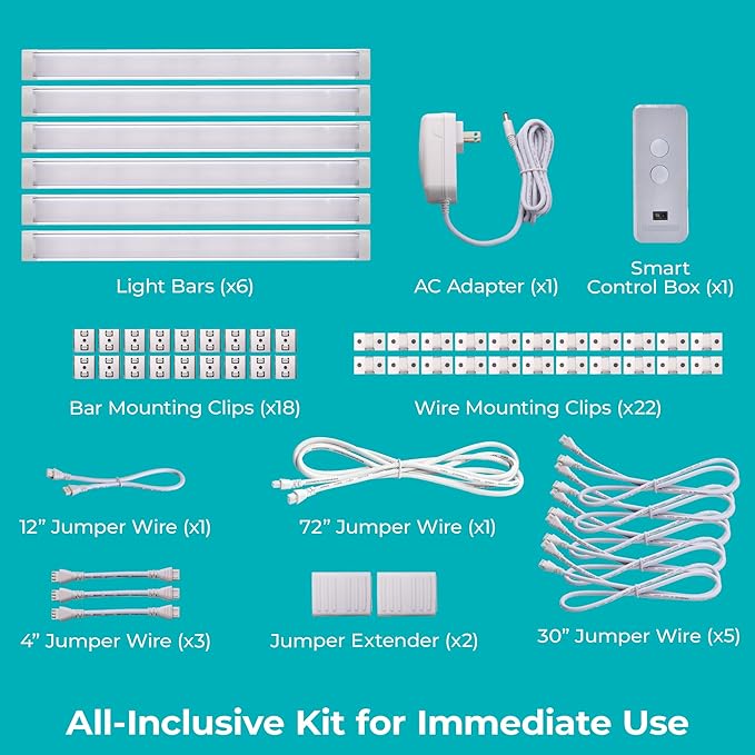 PureOptics LED Works with Alexa Smart Under Cabinet Lighting Kit, Adjustable LEDs, (6) 9" Bars, White